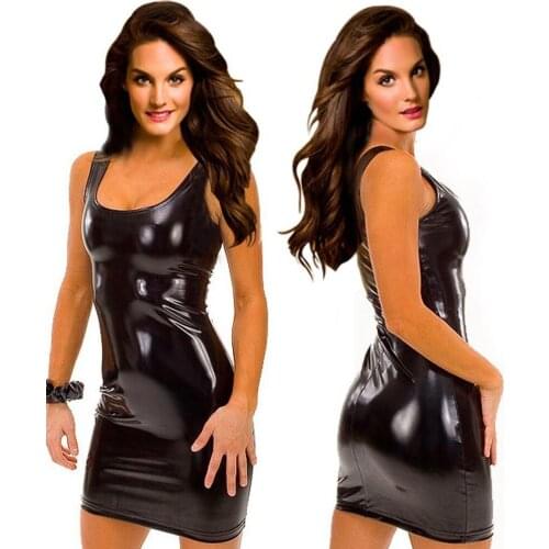 Sexy Women Black Leather Latex Dress Sleeveless Sexy Fetish Bodycon Catsuit Lady Exotic Nightclub Dresses