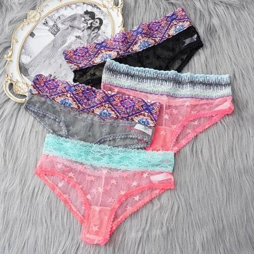 Sexy Lace Mesh Panties for Women Underwear Fashion Panty Lingerie Breathable Hollow Out Briefs Colored Waist Female Underwear