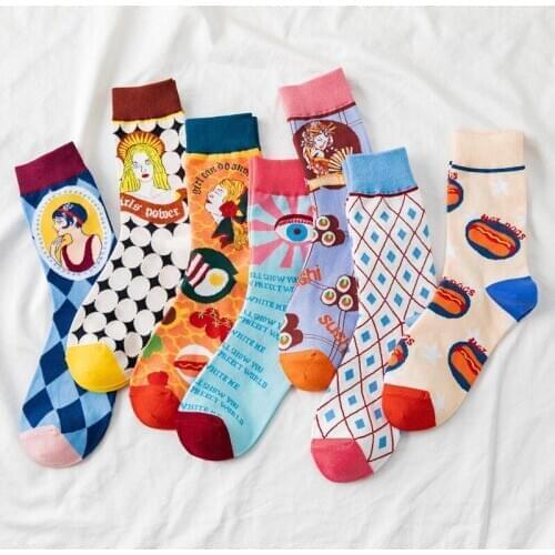 Chic Cartoon Portrait Womens Cotton Socks Fashion Trendy Colorful Jacquard Happy Funny Socks Novelty Creative Harajuku Art Sock
