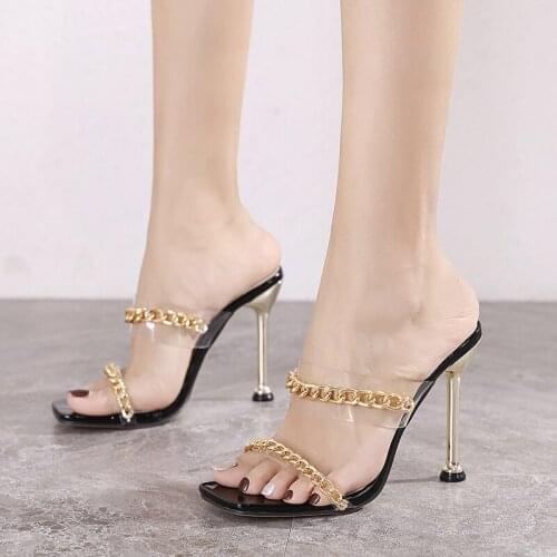 Kcenid Clear PVC Transparent High Heel Slippers Summer Fashion Chain Design Slip On Square Toe Slides Women Mules Pumps Size 42