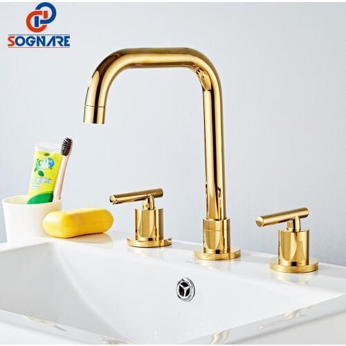 SOGNARE Basin Faucet Two Handle Bathroom Sink Faucet Widespread Waterfall Mixer Water Tap Deck Mounted Gold Bathroom Faucets