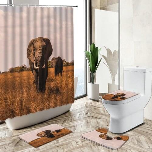 African Elephant Lion Leopard Beast Printed Shower Curtain Set 3D Wild Animal Bathroom Deco Non-Slip Rug Toilet Cover Bath Mat