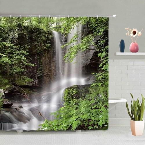 Waterfall Shower Curtain Natural Scenery Forest Trees Mountains Garden Landscape Bathtub Decoration Screen Washable With Hooks