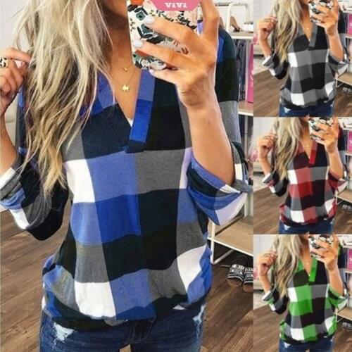 2021 Spring and Autumn Womens Blouse V-neck Loose Oversized Top Plaid Print Loose Casual Long Sleeve Shirt