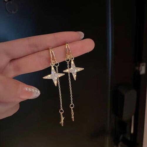 Sweet and cool mans star long rhinestone tassel earrings female 2021 new fashion temperament design ear jewelry