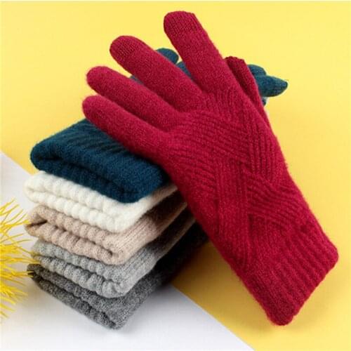 Ladies Winter Wool Knit Full Finger Gloves Cycling Warm Men Plush Thick Touch Screen Driving Mitten Solid Unisex Thermal Golves