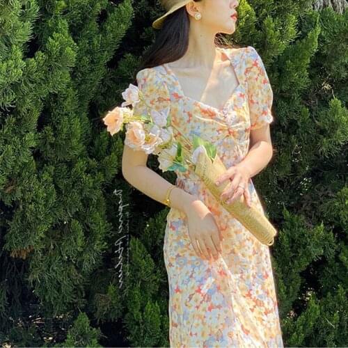 Vintage French Painting Floral Vestidos New Elegant Women 2021 Summer Short Sleeve Square Collar Flower Print Slim Dress