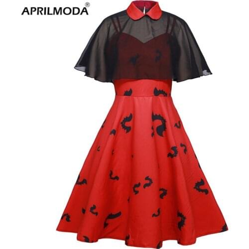 2021 Cloak Sleeve Chiffon Women Gothic Party Dress Turn Down Neck Halloween Christmas Retro Vintage Swing Rockabilly Sundress