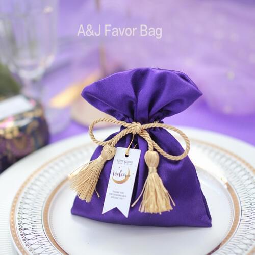 50pcs lot Custom Elegant Purple theme New year Baby shower Party candy bag chocolate giveaway gift Satin Wedding favor bags