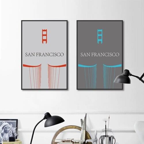 Abstract Line San Francisco City Scenery Blue and Red Canvas Painting Modern Home Decor Living Room Wall Art Posters and Prints