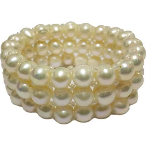 Three Row 8-9mm Natural White Freshwater Memory Cord Pearl Bracelet