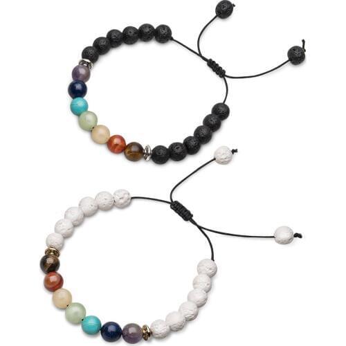 2Pcs/Set Couples Distance Bracelets Natural 7 Chakra Stone White Black Yin Yang Beaded Weave Rope Bangle for Men Women Gift