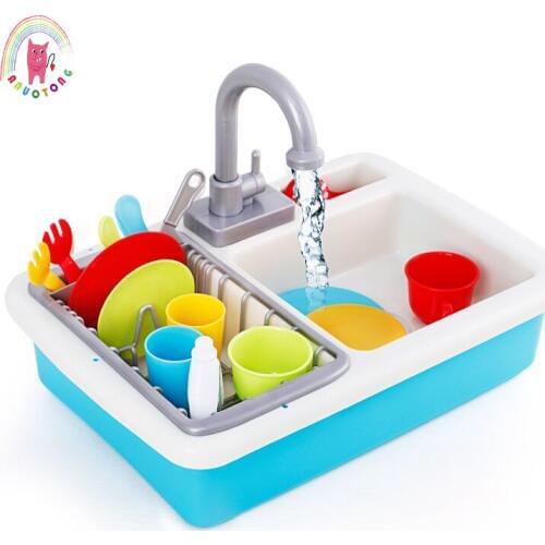 Children DIY Simulated Electroni Kitchen Flume Toy True Flow Faucet Color Mini Simulated Cleaning Tableware Set Washing Toy Gift