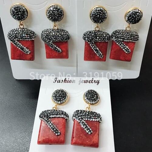 European and American temperament red grass coral square earrings fashionable girl popular earrings birthday small gifts