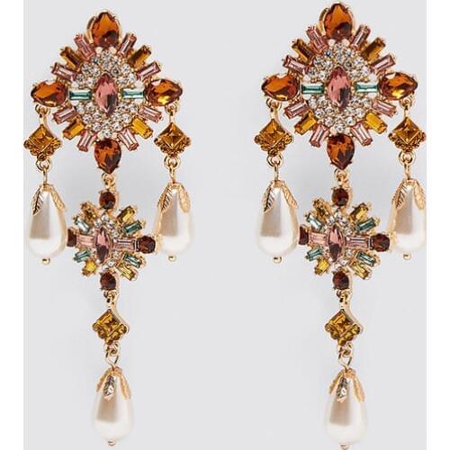 Flatfoosie Fashion Shiny Crystal Drop Earrings For Women Bohemian Statement Simulated Pearl Tassel Earrings Charm Female Jewelry