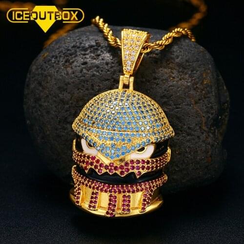 ICEOUTBOX Multicolor Hamburg Pendant Necklace Hip Hop Jewelry AAA Cubic Zircon Bling Charm Micro Pave Stone Punk Style Chain
