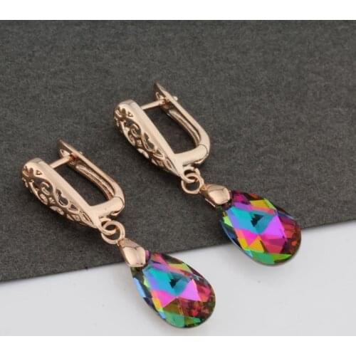 Korean Fashion 585 Rose Gold Colorful Water Drop Crystal Dangle Earrings For Women Jewelry Eardrop Jewelry 2021 Jewelry