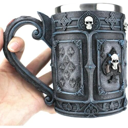 Dead Mans Hand Casino Poker Cards Skull Face Drinking Mug Tankard Beer Gambling Pirate Skeletons Spades Vegas Style Horror Mugs