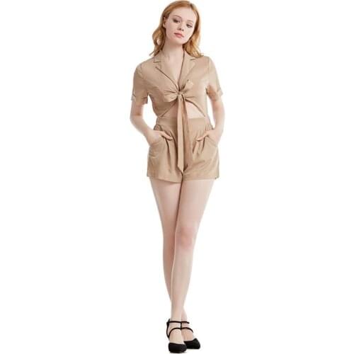 Summer Romper Ladies Solid Color Bow-knot Jumpsuit V Neck Lace Up Top Short Pants Playsuit Women Overall 2021