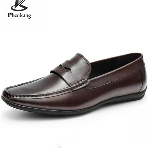 Phenkang Men Leather Summer Casual Shoes Male Sneakers loafer Mens Slip On Coffee Mens Genuine Leather Loafers Driving Shoes