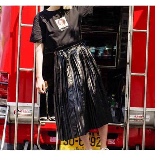 Fashion brand autumn black pleated pu leather skirts female over the knee longer high waist retro pleated leather skirts wq2410