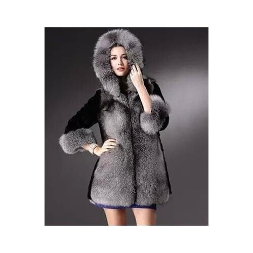 Autumn and winter The new imitation fox fur coat with hood and thick fur collar coat to keep warm fur coat women faux fur trim