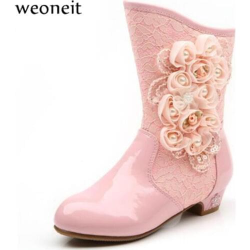 Weoneit Autumn Winter Princess Girls Boots Fashion Kids Boots for Girls Beautiful Flower Children Boots for Wedding and Party