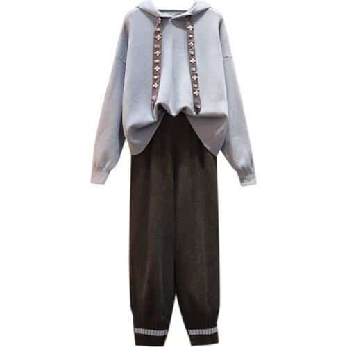 Autumn Winter Women Clothing Warm Thicken Knit Suit Two Piece Set Tops And Pants Matching Sets Outfits Large Plus Size Tracksuit