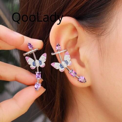QooLady 2021 Fashion Climbers Butterfly Earrings Purple Cubic Zirconia Ear Cuff for Women Summer Party New Trend Jewelry E312