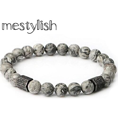 Mestylish Luxury Cubic Zirconia Geometric Hexagon Brass Beads Bracelets Men Gray Onyx Stone Bracelet Pulseira Masculina