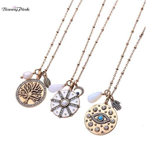 Banny Pink Vintage Carved Tree Moon Star Eye Charms Pendant Necklace Ethnic Enamel Round Disc Sweater Chain Necklace Colliers