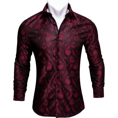 Spring Autumn Silk Shirt for Men Paisley Blue Red Gold Casual Long Sleeve Blouse Luxury Men Clothing Male Dress Shirt Barry.Wang