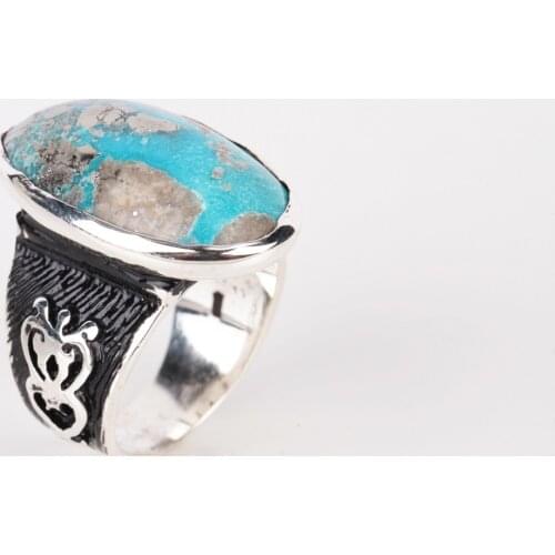UM US JEWELRY Turquoise Natural Stone Hand Embroidered 925 Sterling Silver Men Ring