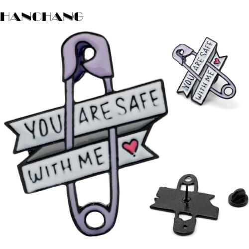 YOU ARE SAFE WITH ME Letters Brooch Paper Clip Shape brooch Enamel pin Pins&Brooches for Wome Men Fashion Jewelry Gift