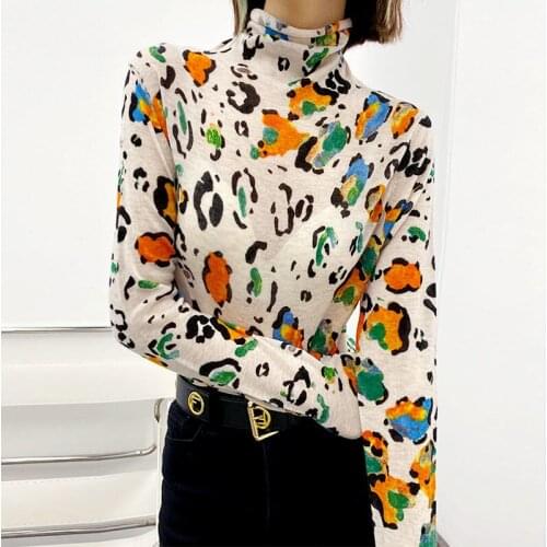 2021 Autumn Female Elegant Print Turtleneck Blouses Women Long Sleeve Slim Shirts Tops Pullover Lady Fashion Casual Blusa W749