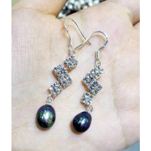 Women Jewelry Earring 8-10mm Bright black colors Oval round Pearl Dangle Square rhinestone hook Earring natural freshwater pearl