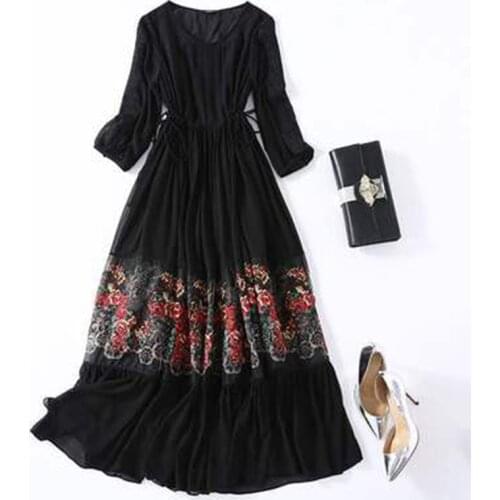 Women Black Mesh Floral Embroidery Elegant Maxi Dress 2021 Spring Vintage 3XL Plus Size Two Piece Dress Bodycon Party Vestidos
