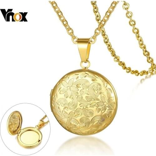 Vnox Floral Texture Womens Locket Pendant Gold Color Stainless Steel Necklaces Rurality Flower Feme Necklace