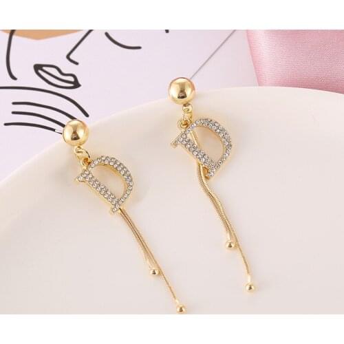New Fashion Long Tassel Crystal D Letter Drop Earrings for Women Luxury Big Earring Korean Jewelry Statement