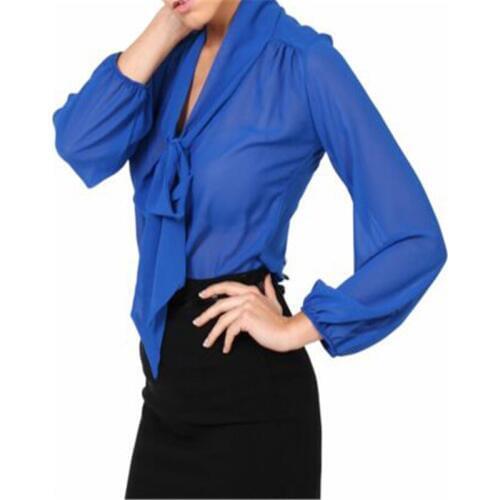 Shirt Blouse New Fashion Solid Bow Loose Sexy Casual Female Lady Women Dress Full Long V-neck Ropa Mujer Regular Chiffon