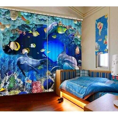 3D Curtain Fashion Customized Blue Coral Reef fish Dolphin Curtain Design 3D Photo Window Curtain For The Bedroom