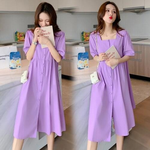 9811# Maternity Clothes Summer Cotton Short Sleeve Loose Stylish Solid Color Dress for Pregnant Women Pregnancy Clothes