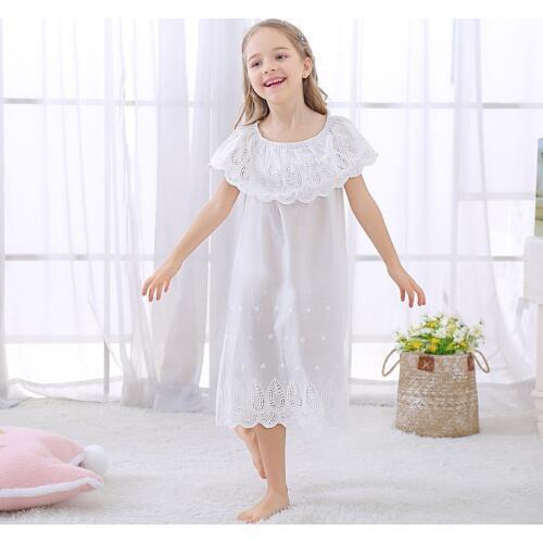 2019 Girls' cotton white Nightgowns Pajamas Girls Dress summer short sleeve embroidery lace dresses nightgowns Sleepwear