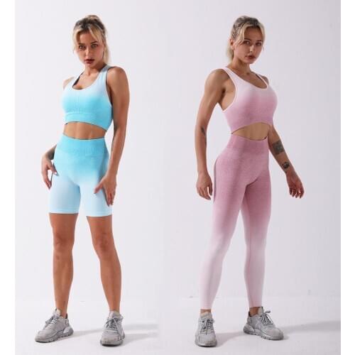 Fitness Seamless Yoga Set Gradients Women Sportswear Sexy Workout Gym Wear Running Clothes Sport Suit Bra High Waist Leggings