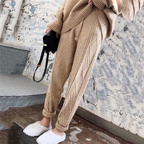Thicken Knitted Harem Pants Women Korean Casual Twisted Trousers Vintage Loose Elastic Waist Autumn Winter Pants Harajuku B547