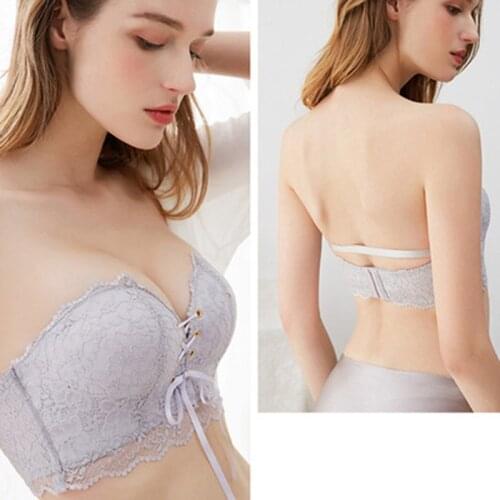 Fashion Strapless Slip Resistant Lace Push Up Bras Women Sexy Refreshing Comfy Front Bandage Lingerie Seamless No Rim Brassiere