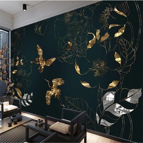 Wellyu Customized large-scale mural light luxury fashion golden line flower fairy crane country tide background wallpaper