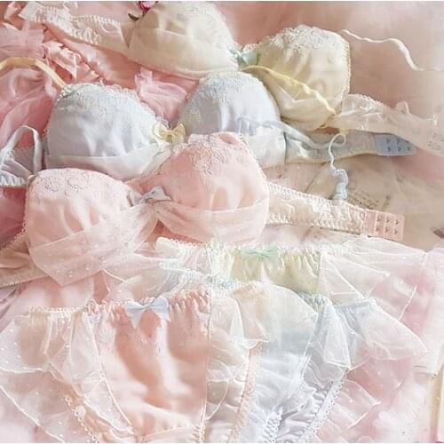 Sweet Womens Japanese Bra & Panties Set Embroidery Shell Wirefree Lace Trim Soft Underwear Sleep Intimates Set Lolita