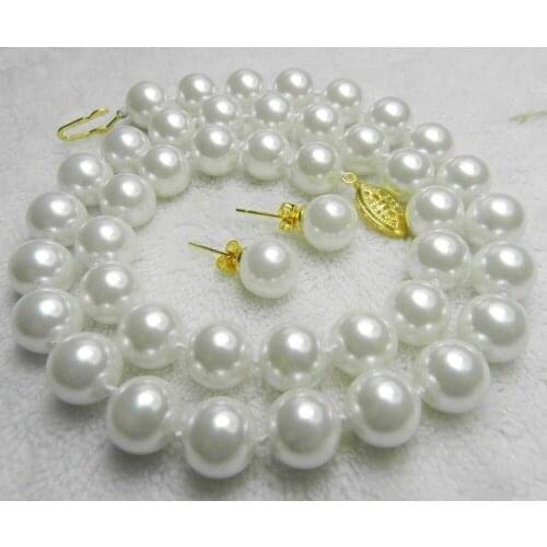 Wholesale Charming! AAA 10mm 18" White Sea South Shell Pearl Necklace Earring set
