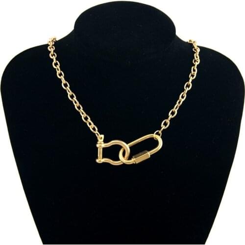 Hiphop rock necklace for Women Men Stainless steel Heavy Cable chain shackle carabiner snap hook pendant U clasp Fashion choker